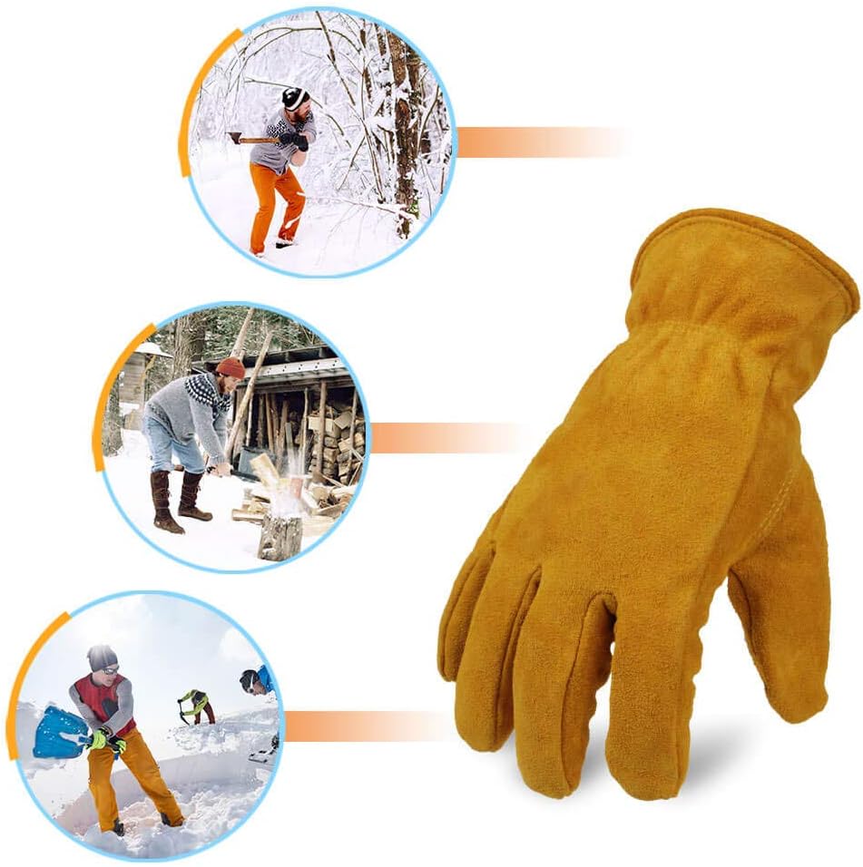 OZERO Work Gloves Winter Insulated Snow Cold Proof Leather Glove Thick Thermal Imitation Lambswool - Extra Grip Flexible Warm for Working in Cold Weather for Men and Women (Gold,X-Large): Home Improvement