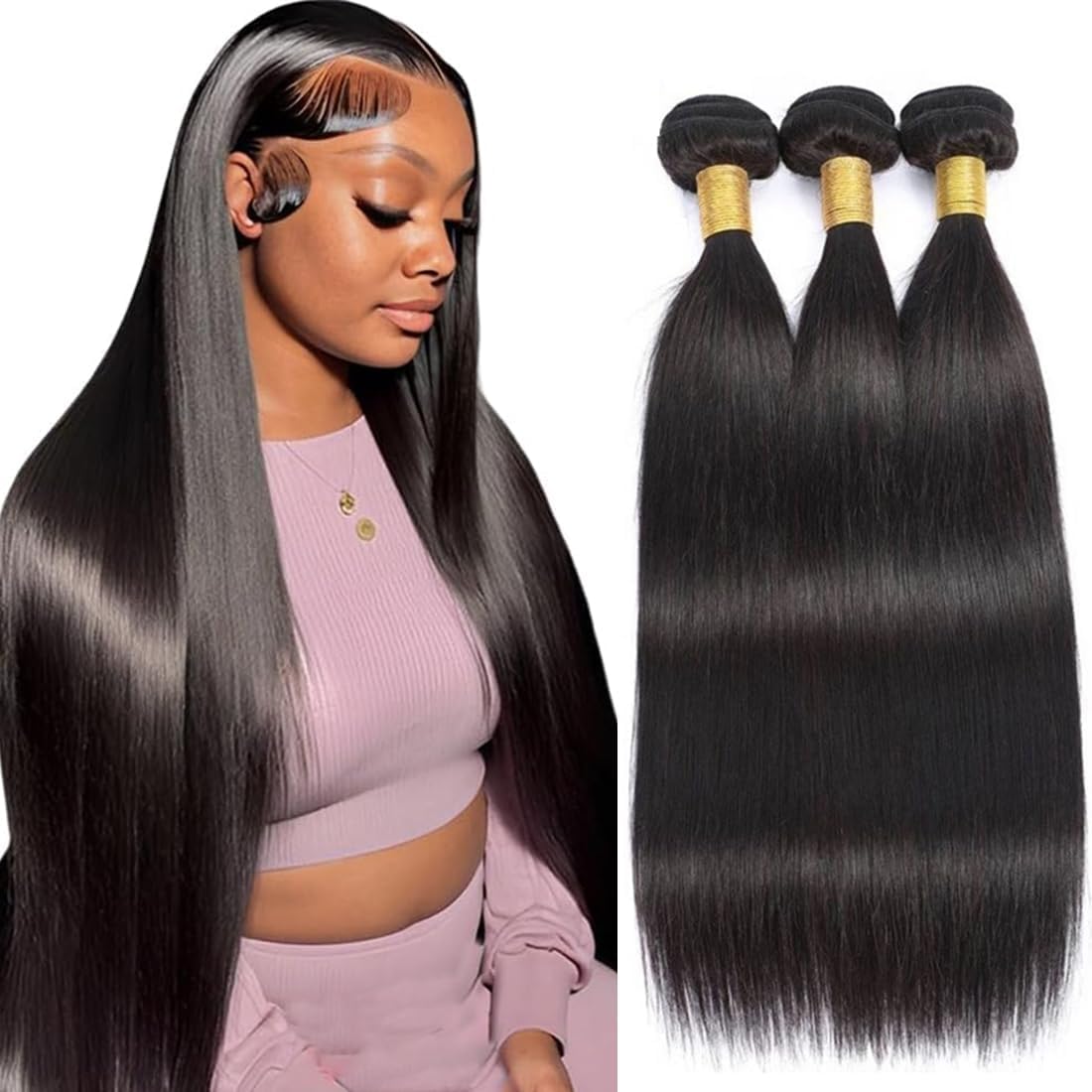 MsSunlight Human Hair Bundles Straight Human Hair Bundles Weave Extensions Unprocessed Virgin Brazilian Hair Straight Bundles Weft Natural Color 20 22 24 Inch — image 1