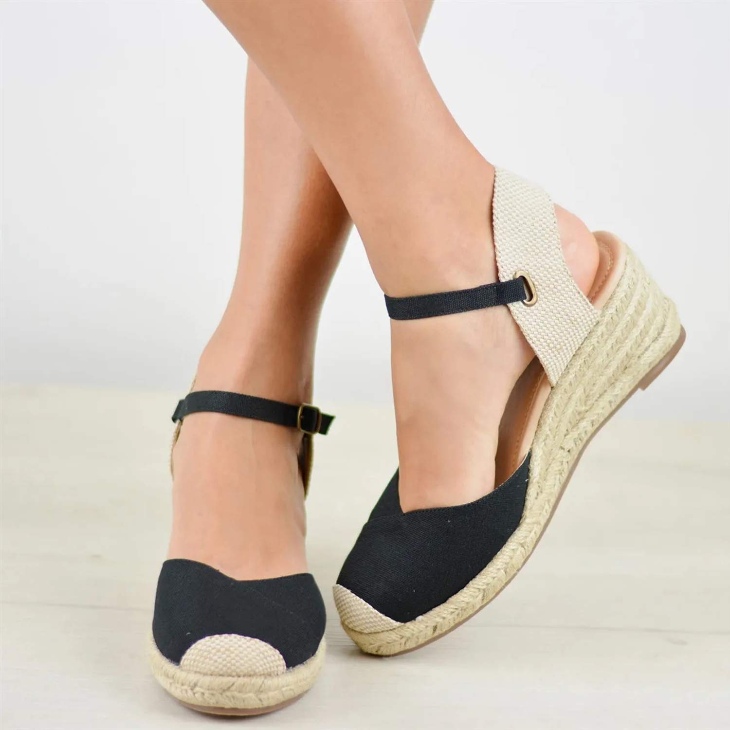 LAICIGO Women’s Espadrilles Wedge Sandals, Cap Toe Ankle Strap with Buckle, Slingback Summer Platform Shoes - Image 3