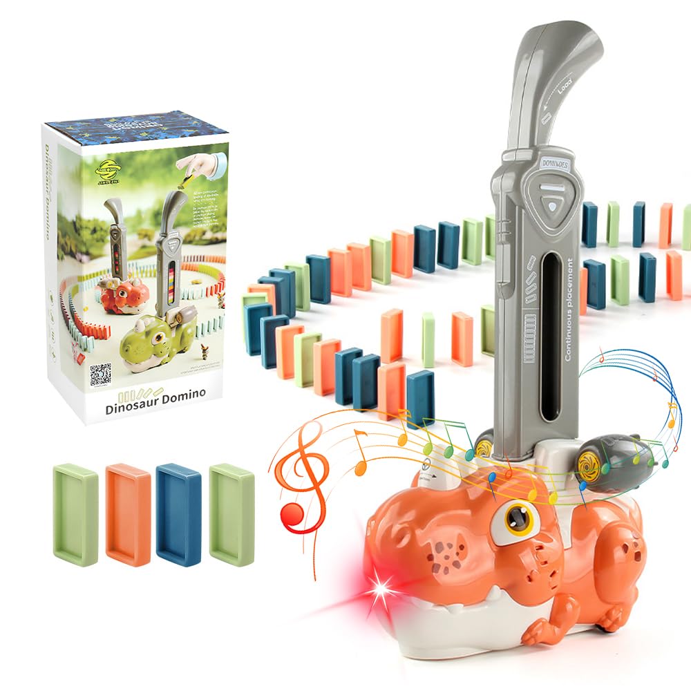 OBEST Electric Domino Train Toy Set for Children, Dinosaur Domino Train for Kids Automatic Domino Rally with Sound and Light 80pcs Automatically Deal, Building Block Toys (Rose Red)