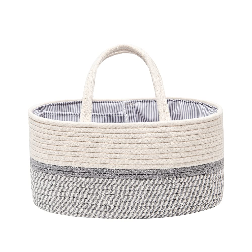 JiA QAQ Baby Nappy Caddy Organiser,Portable Cotton Rope Woven diaper Caddy-Nursery Storage, DIY Basket with Changeable Compartments, Newborn Shower Gift Tote Bag (8gu-Gray)