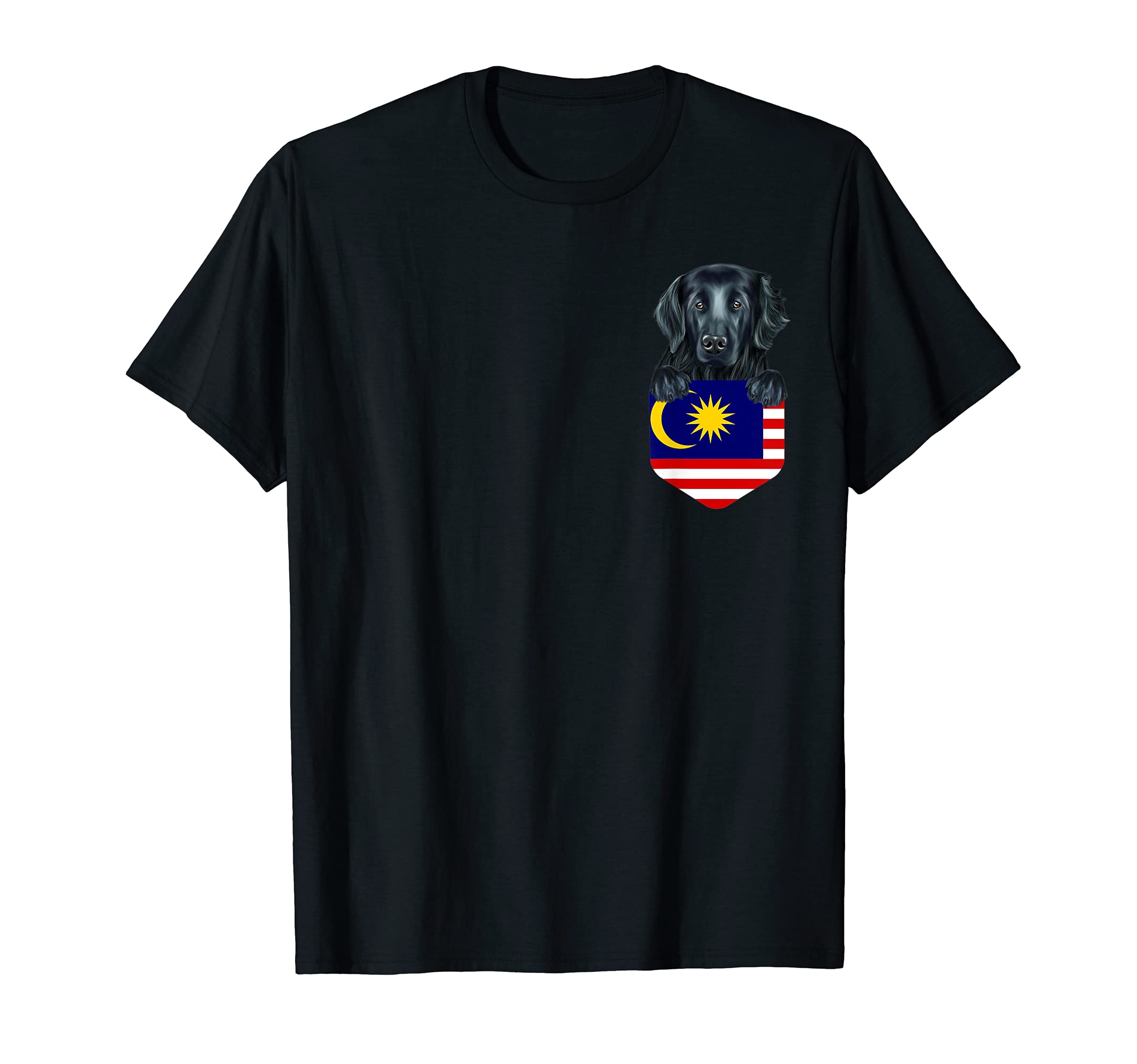 Malaysia Flag Flat-Coated Retriever Dog In Pocket T-Shirt