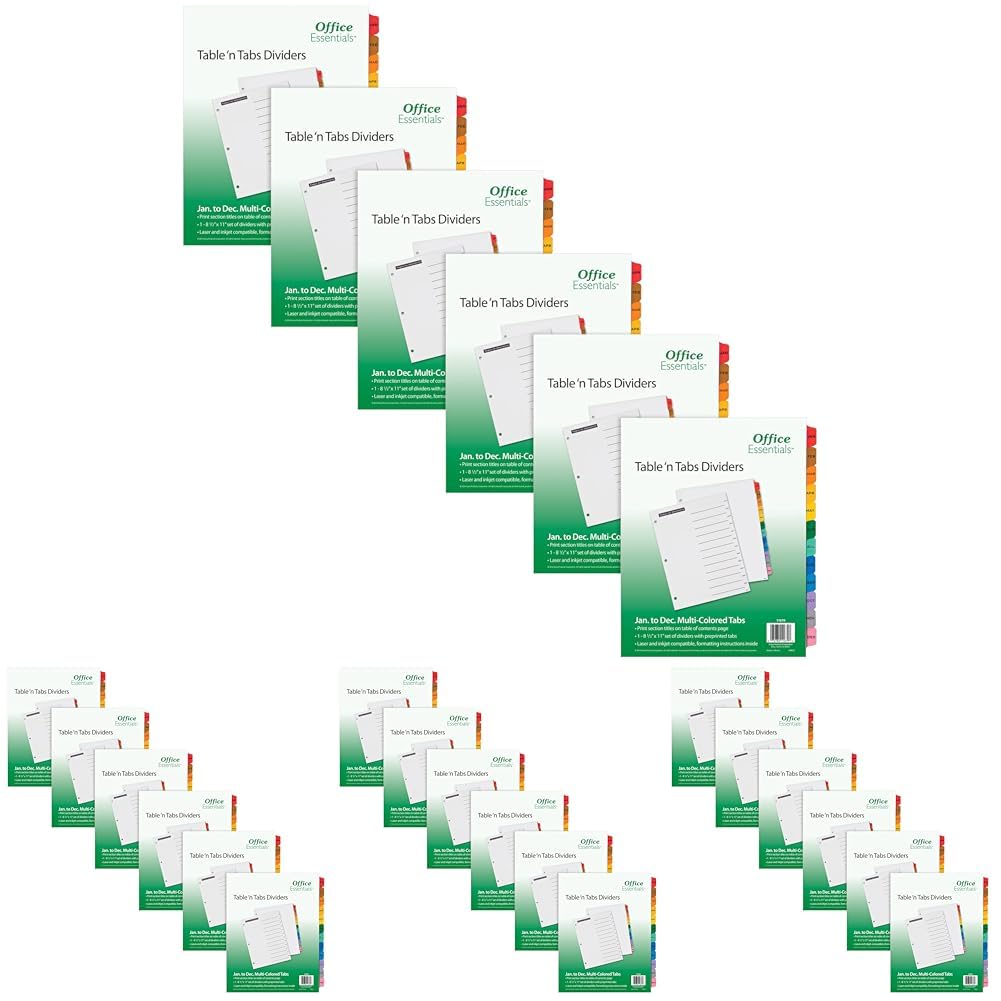 Office Essentials Table 'n Tabs Jan-Dec Dividers, 12-Tab Sets, White Paper, Multicolored Tabs, 6 Binder Divider Sets (26171) (Pack of 4) Image