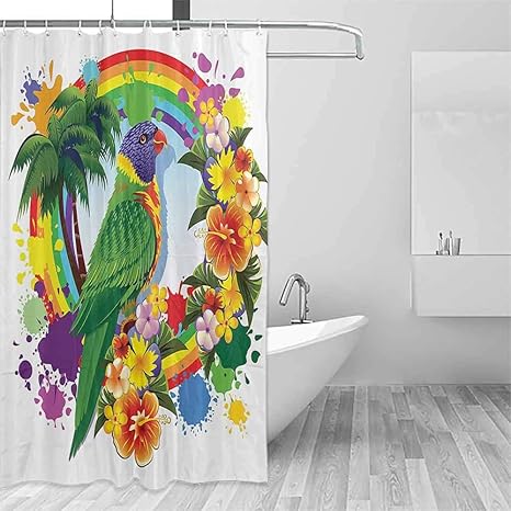 Amazon Qiaoqiaolo 防水浴槽カーテン オウムの装飾 飛ぶオウム カラフルな嵐の雲 裏に羽 ファンタジー イラスト プリント 簡単取り付け マルチ W55 Xl72 シャワーカーテン ホーム キッチン オンライン通販