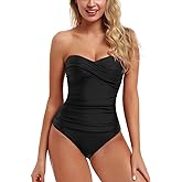 Hilor Women's Bandeau One Piece Swimsuits Front Twist Swimwear Ruched Bathing Suits Tummy Control