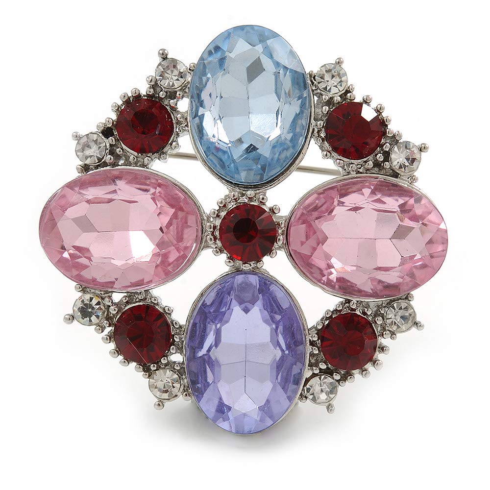 Statement Multicoloured Glass Bead Square Brooch In Rhodium Plating - 45mm Width