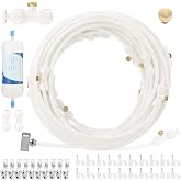 Glooglitter 59 ft Misting Cooling System, 16 Brass Nozzles, 3/4" Adapter | Outdoor Cooling Misters, 16 Brass Adapters, 20 Badge Clips and Cable Clips, For Patio Deck Garden Greenhouse Pool Pasture BBQ