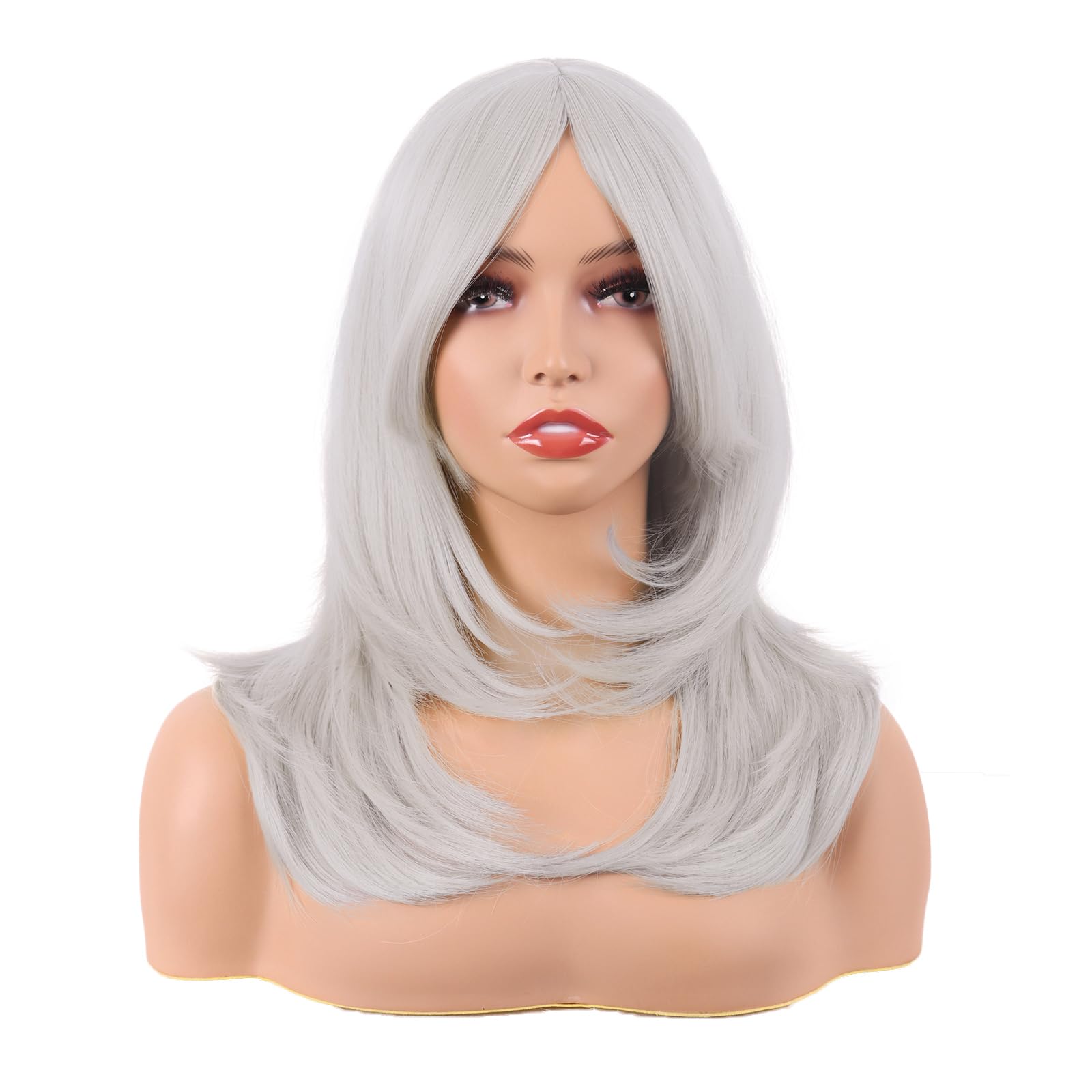 MapofBeauty 20 Inch/50 cm Long Layered With Bangs Straight Synthetic fiber Shoulder Length Hair for Daily Use or Party Wig (Silver) — image 1