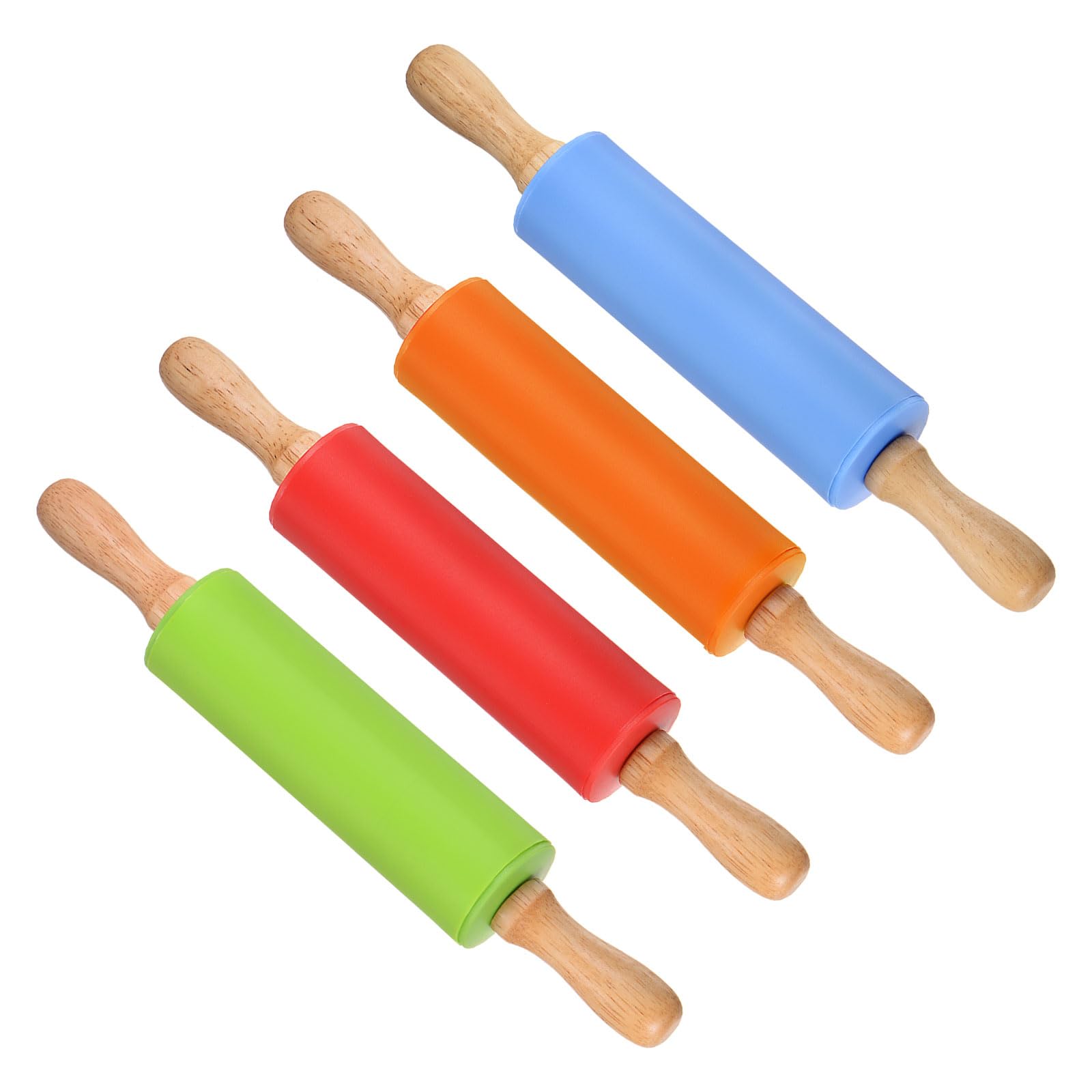 CoCud Silicone Rolling Pins, 12.2" Length, Silicone & Oak Non-Stick Ergonomic Wooden Handle Fondant Dough Roller Green & Orange & Red & Blue - (Applications: for Baking DIY Projects)