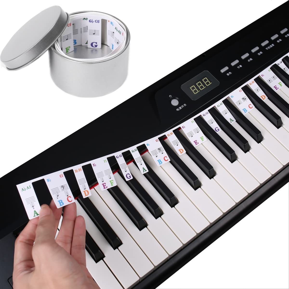 MuzcYM Piano Keyboard Stickers 61 Full Size Key Set Free Paste Keyboard Rake Note Marker Overlay Piano Key Stickers for Beginners Kids with Colorful Bigger and Bold Letters, Transparent and Removable