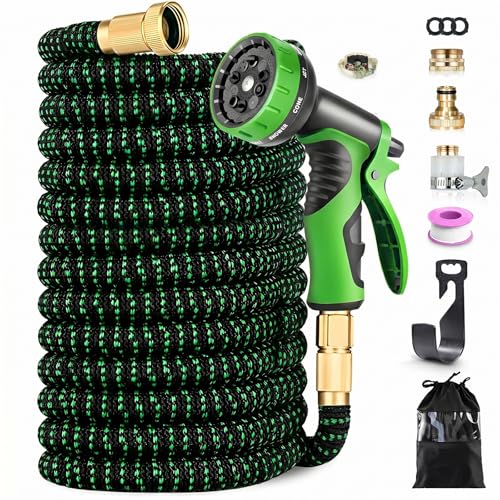45 m Professional Extendable Garden Hose with 10 Functions Gun, 45 Metres Extra Long Anti-Torsion Irrigation Hose, Brass Fittings, Water Hose for Large Areas and Motorhomes