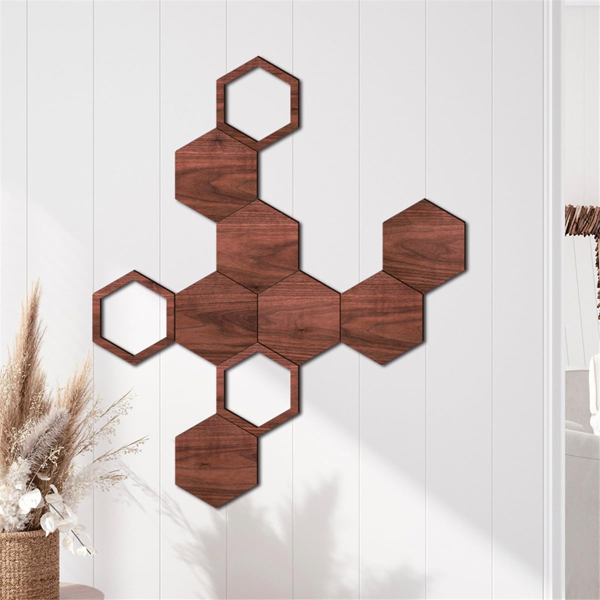 Wooden Hexagon Wall Stickers, 10 PCS Removable Hexagonal Wall Stickers DIY Art Wall Decals, 3D Hexagon Wall Decals Sticker Hollow Hexagon Wall Tiles for Office Living Room Bedroom Home Wall Decoration