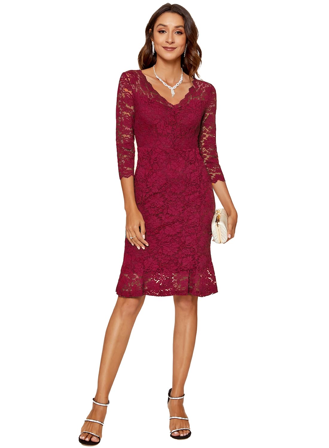 Photo 1 of Atnlewhi Womens 3/4 Sleeve Slim Fit Lace Cocktail Dresses Party Wedding Guest V Neck Formal Evening Bodycon Dress Burgundy large 
