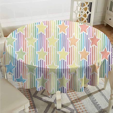 Amazon Xxans 洗濯可能 円形テーブルクロス 星 虹色の星 カラフルなストライプ柄 アートワーク 抽象的 ティーンの部屋 プレイルーム コンセプト パーティーデコレーション テーブルカバークロス イエロー ブルー 63 Round 160cm テーブルクロス オンライン通販