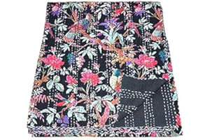 ShakDeco Indian Handmade Black Bird Print Vintage Kantha Quilt Cotton Bedspread Bohemian Bedding Coverlet Throw Reversible Blanket, Twin Size (90x60 inch) Black