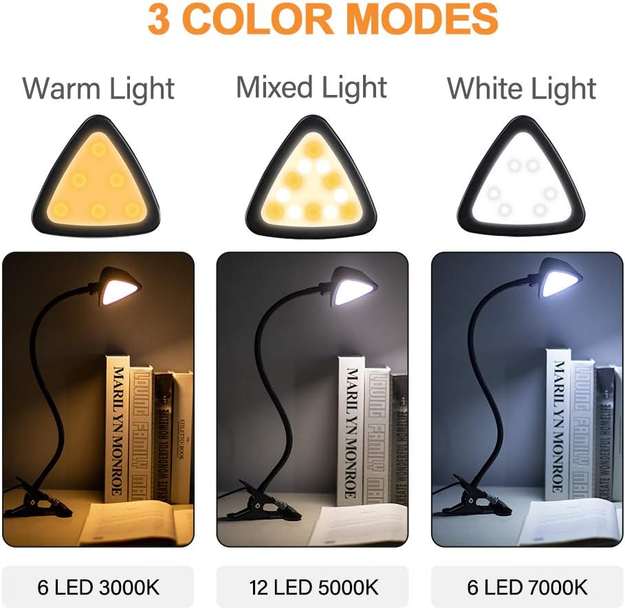 LuminoLite 12 LED Adjustable Reading, 10 Brightness Level x3 Colors Book Lamp, Clip Light for Desk, Bed Headboard, Black - - 