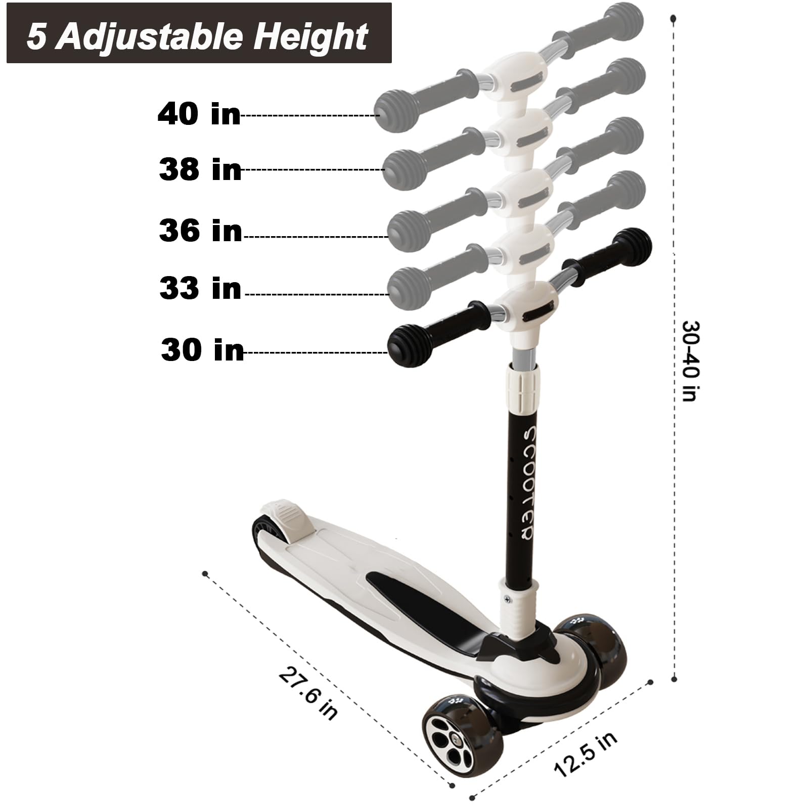 Kick Scooter for Kids Ages 3-12, 5 Adjustable Height Foldable Scooter with 3 LED Light Wheels, Outdoor Activities for Toddlers Boys Girls, Max Load up to 240 lbs