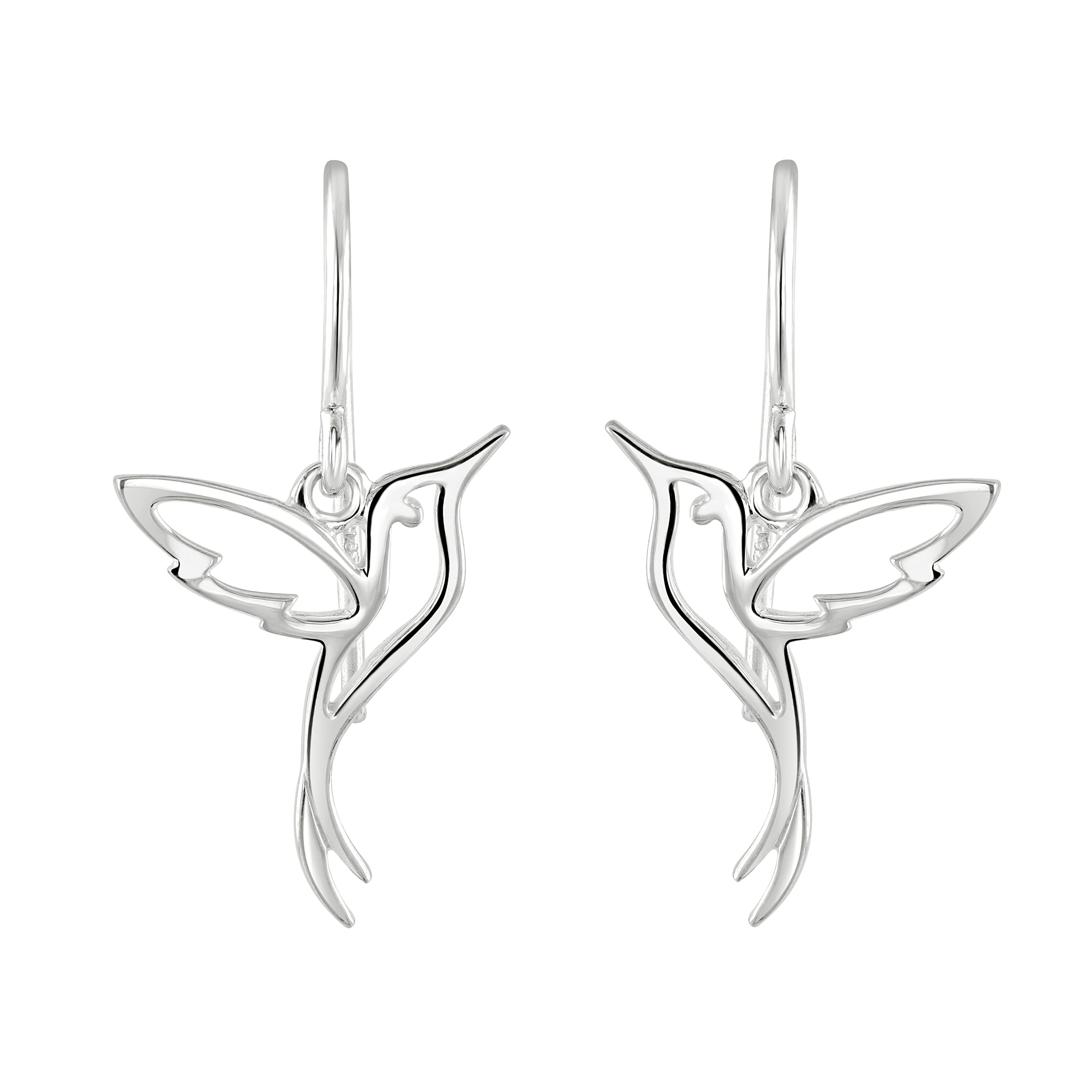 DEW Humming Bird Drop Earrings – Sterling Silver, Cute and Fun Animal Outline Jewellery, Nature Inspired Jewellery