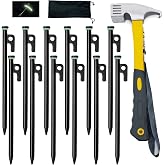 Tialero 8/12/16Pack Tent Stake with Hammer, 8/10/12/16in Heavy Duty Tent Stakes + 10in Camping Hammer+Storage Pouch, Forged Steel Stakes Used on Rocks (12 Pack 10in Tent Stakes+Hammer)