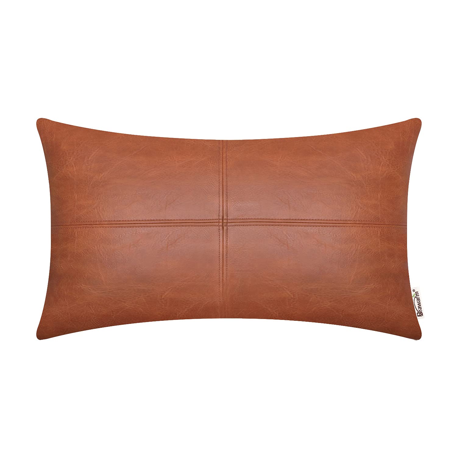 BRAWARM Decorative Throw Pillow Covers, Faux Leather Throw Pillow Covers, Hand Stitched Faux Leather Couch Cases for Living Room Garden Bed, Cognac, 30cm x 50cm