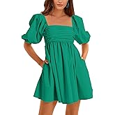 Ebifin Womens Square Neck Dresses Half Puff Sleeve High Waist A-Line Casual Backless Smocked Short Babydoll Mini Dress