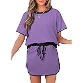 Opemiby Womens 2 Piece Skort Set 2026 Color Block Short Sleeve Top Drawstring Skort Matching Sets Casual Lounge Summer Outfit