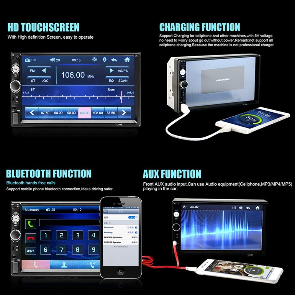 podofo Car Stereo Double Din Car Radio 7 Inch MP5 Player with HD Touch Screen Digital Display Bluetooth Multimedia Support PhoneLink USB SD Aux-in 2 Din Autoradio with Backup Camera