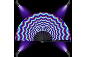 Zolee UV Glow Rave Fan Foldable for Women/Men/Drag Queen - Large Clack Festival Folding Hand Fan - for EDM, Music Festival, Event, Party, Dance, Performance (Trippy Waves)