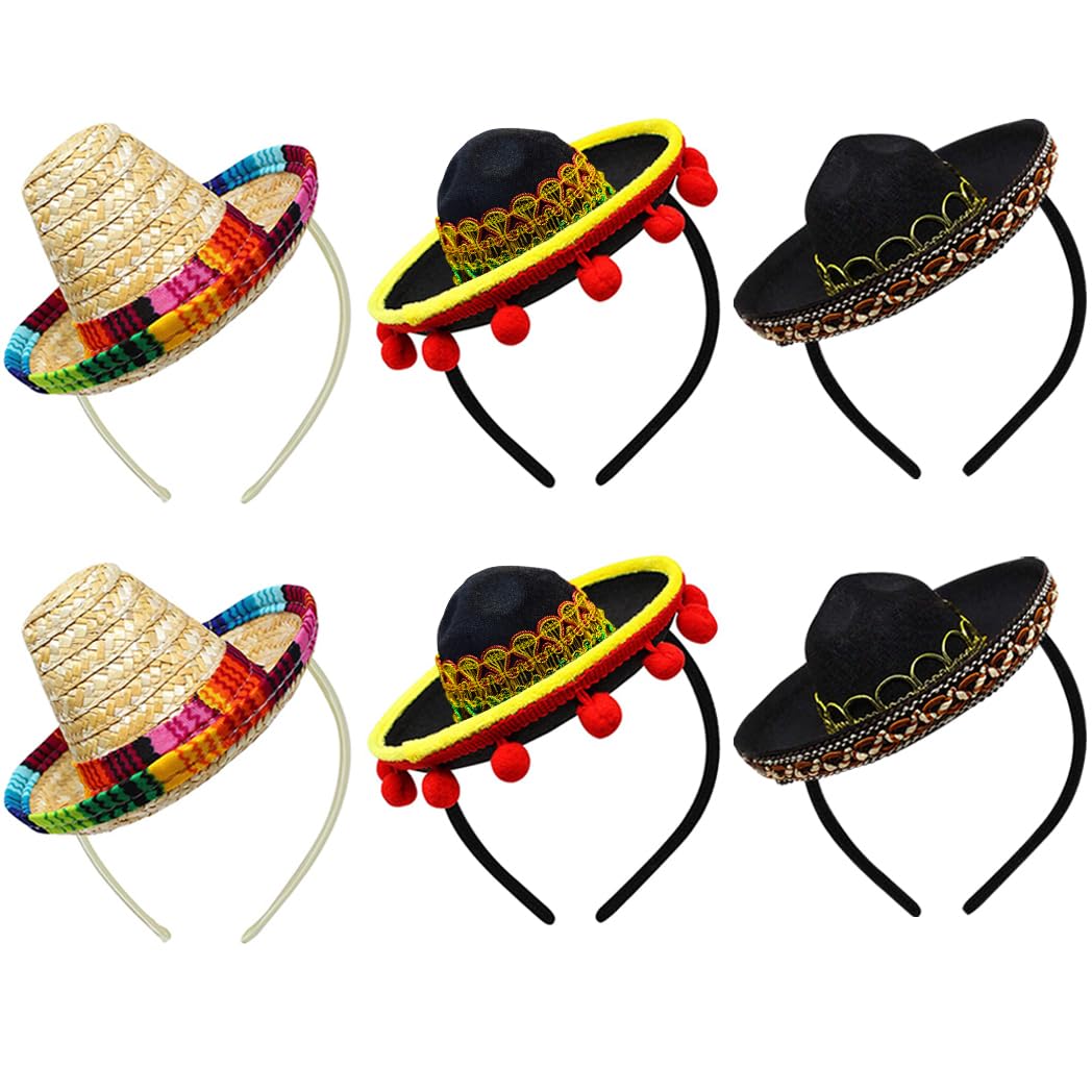 Yzpacc Set of 6 Cinco De Mayo Straw Sombrero Headband Fiesta Fabric Party Hats with Ball Fringe Decoration for Fiesta Hat Party Supplies Dia De Muertos Mexican Theme Decorations and Party Favors (A)