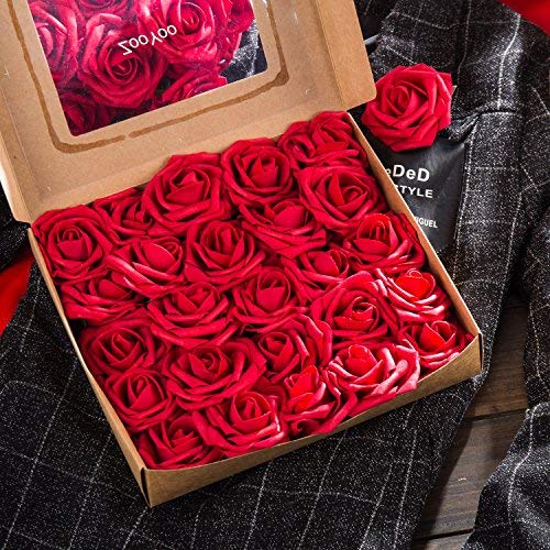 ZOOYOO Artificial Flowers Dark Red Roses 50pcs,Wedding Bridesmaid Bridal Bouquets Centerpieces,Wedding Decorations,Real Looking Fake Roses Stem for Party Decoration,Baby Shower Home Decorations - Thumbnail 7