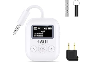 1Mii SafeFly Min+ Bluetooth Transmitter and Receiver,Bluetooth Adapter for Airplane, Supports to 2 AirPods/Headphones,Use with Any 3.5mm Jack on Airplanes, Gym, TVs, Car, Home, Boat(White)