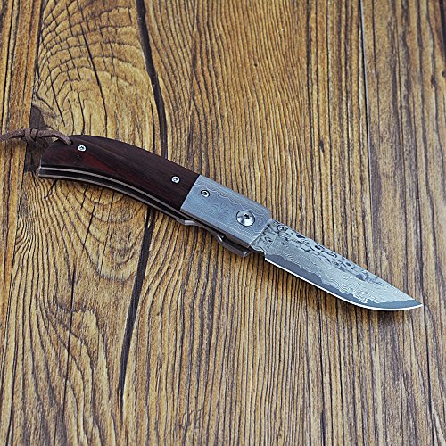 KUBEY Hunting Folding Knife Damascus Steel Blade Thumb Open Gentlemans Pocket Knife for Outdoor Camping Tactical Survival Tool(#DM051-Rosewood Handle) - Thumbnail 3