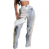 Angsuttc Fringe Pants for Women Print Straight Leg Pant High Waisted Side Tassel Pants