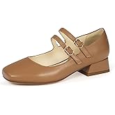 Elerhythm Women's Mary Jane Square Closed Toe Casual with Double Ankle Strap Dressy Flats Chunky Block Low Heel Elegantes Comfortable Soft Cute Shoes