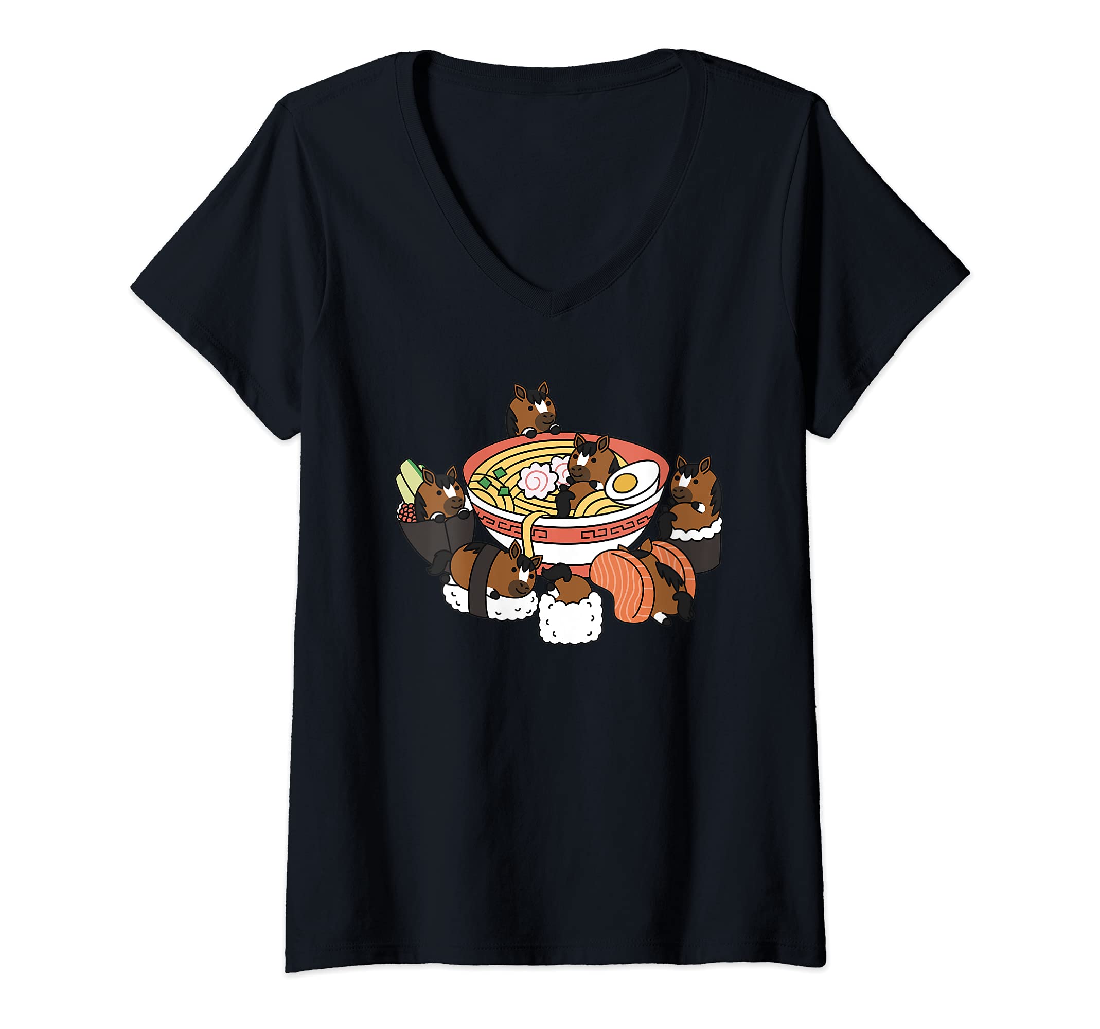 Womens Ramen Sushi Horse Pet V-Neck T-Shirt