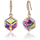 Austrian Crystal Cube Drop Dangle Earrings for Women 14K Gold Plated Hypoallergenic Jewelry