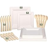 LEKOCH Compostable Plates Set, 25 Guests Sugarcane Dinnerware - Eco-friendly Heavy-Duty Square Plates, Forks, Knives, Spoons, Biodegradable Plant-Based Utensils for Parties & Catering