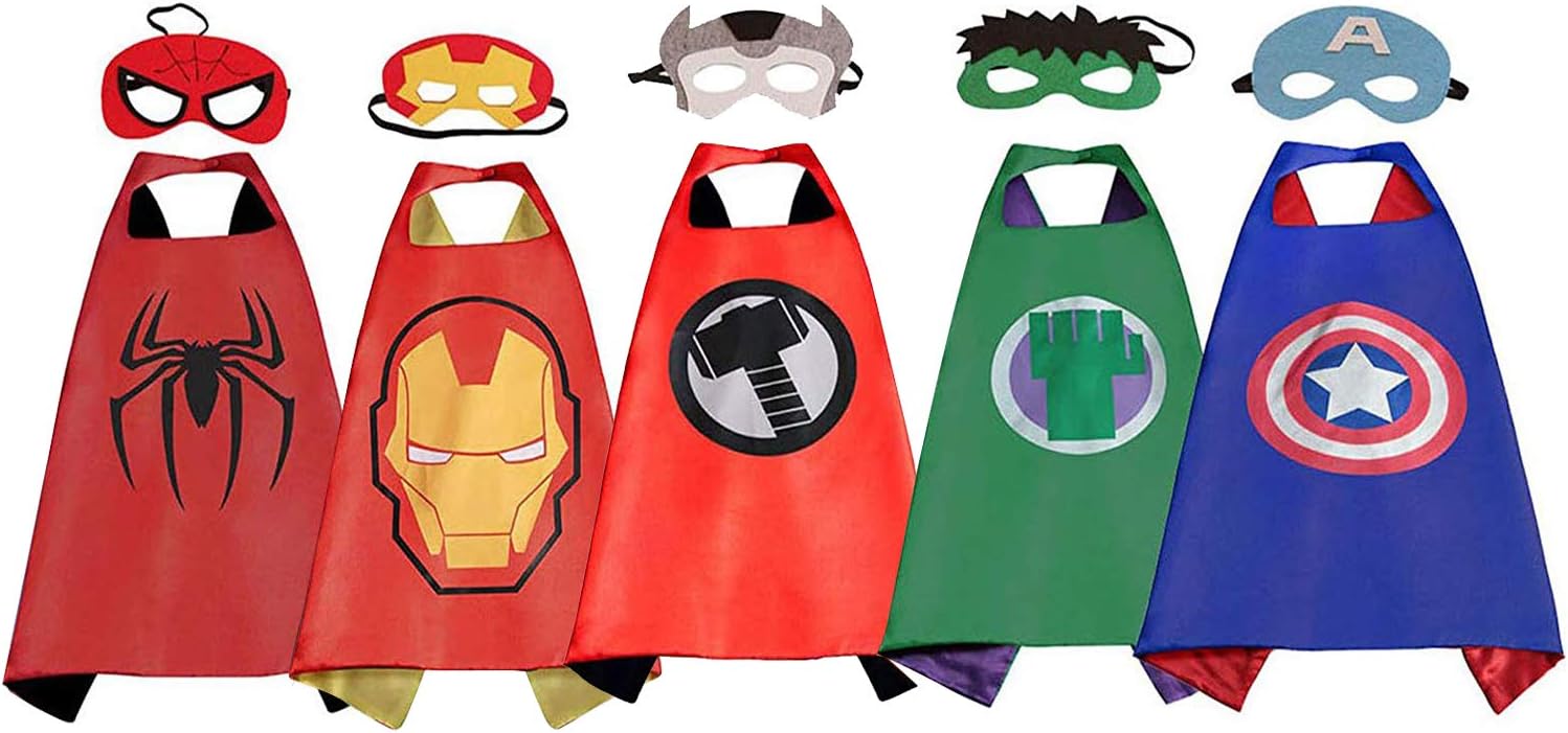 Dress Up Costume Set of Superhero Satin Capes with Felt Masks for Kids 5 Packs