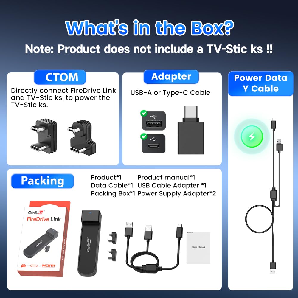 Carlinkit CarPlay HDMI Adapter Designed for TV-Stic ks?Fit for Wired CarPlay Car?Supports TV-Stic ks?Watch Netflix YouTube TikTok etc.Videos on CarPlay?Up to 1080p Support?FireDrive Car Adapter