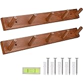 Cobnap Natural Teak Wall-Mounted Coat Rack (Set of 2, 16.6")-Farmhouse Entryway Hooks with 5 Wooden Hooks Each, Rustic Bathroom Wall Pegs for Jackets, Backpacks & Towels