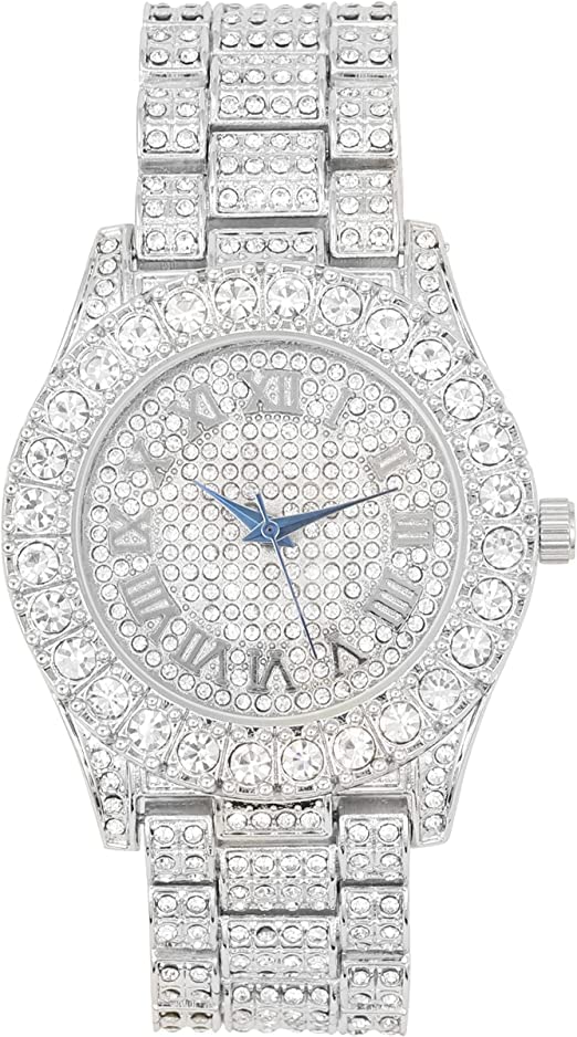 Charles Raymond Bling-ed Out Round Metal Mens Color on Blast Watch with Diamond Time Indicators - Ice on Fire!!! - ST10327DxxS, 9.5 Inches, Silver