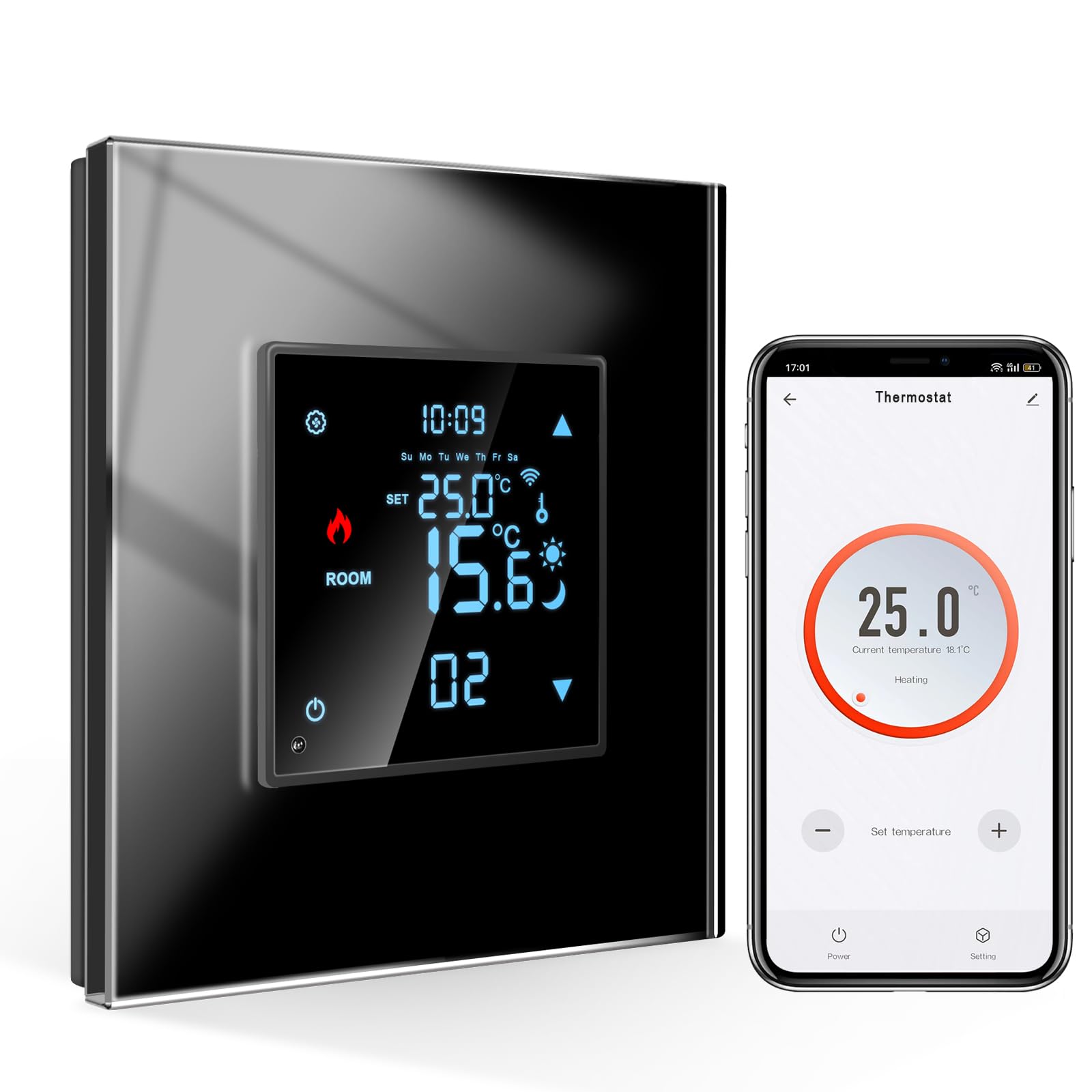 CNBINGO Smart Recessed Thermostat with WiFi Digital Glass Screen Compatible with Alexa Echo, Google Assistant, 16A, Black