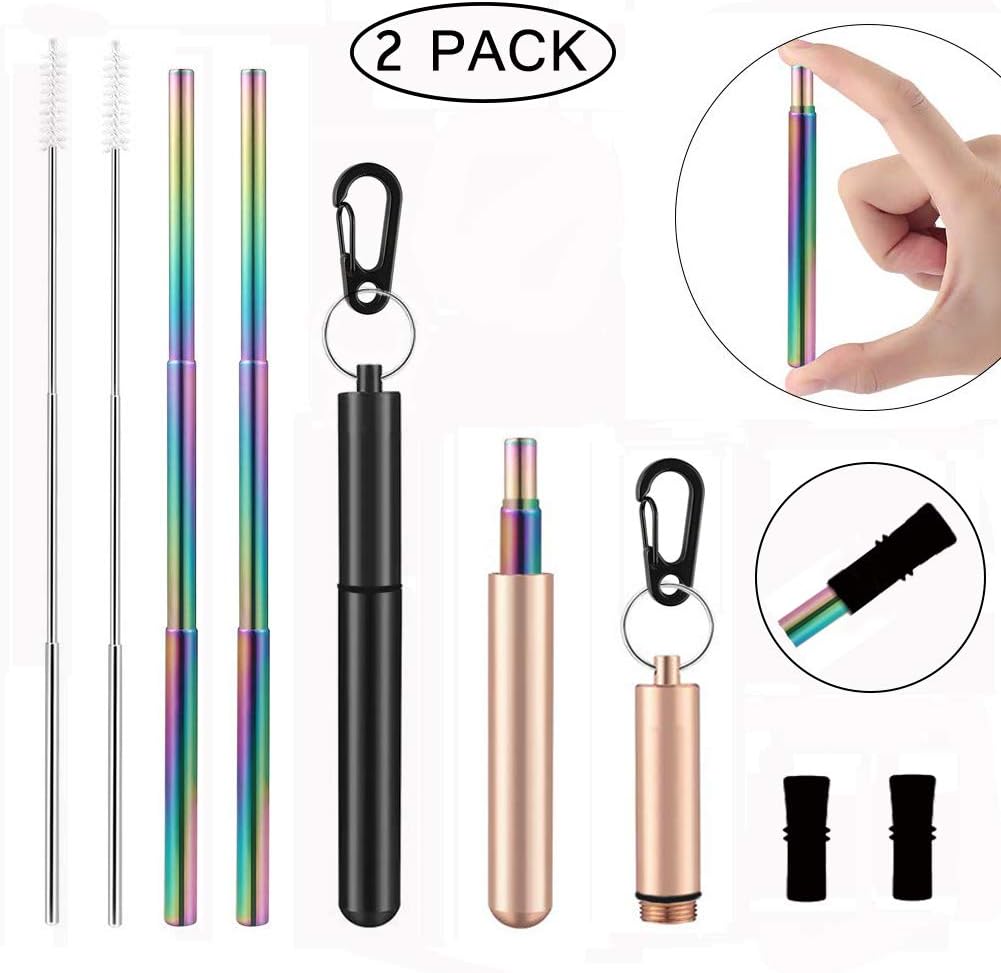 Retractable Metal Straws - AnSaw 2 Pack Telescopic Reusable Straw Stainless Steel Metal Straw Portable Drinking Straw-Aluminum Case,Keychain,silicone tip, Cleaning Brush,Carabiner