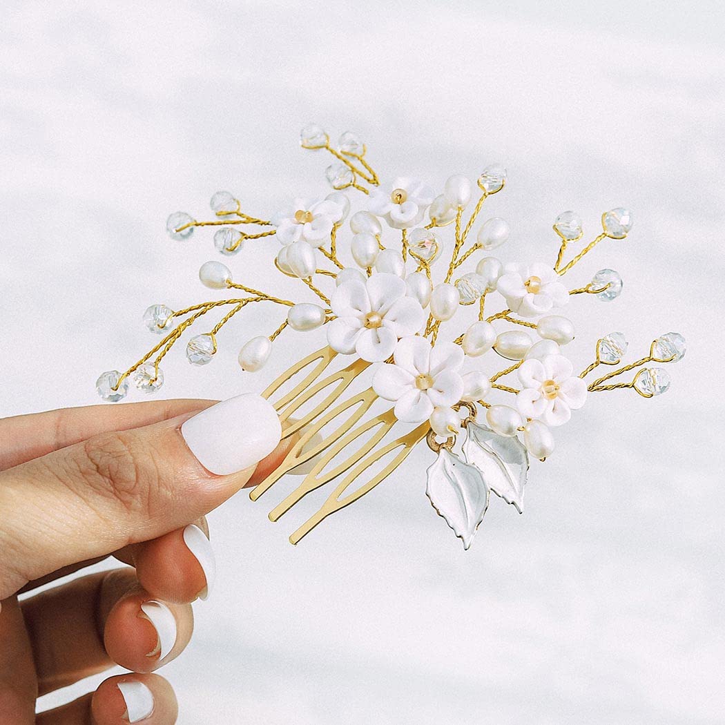 IYOU Bridal Wedding Hair Comb Silver Pearl Headpiece Beads Bride Sides Comb Hair Accessories for Women (Gold)