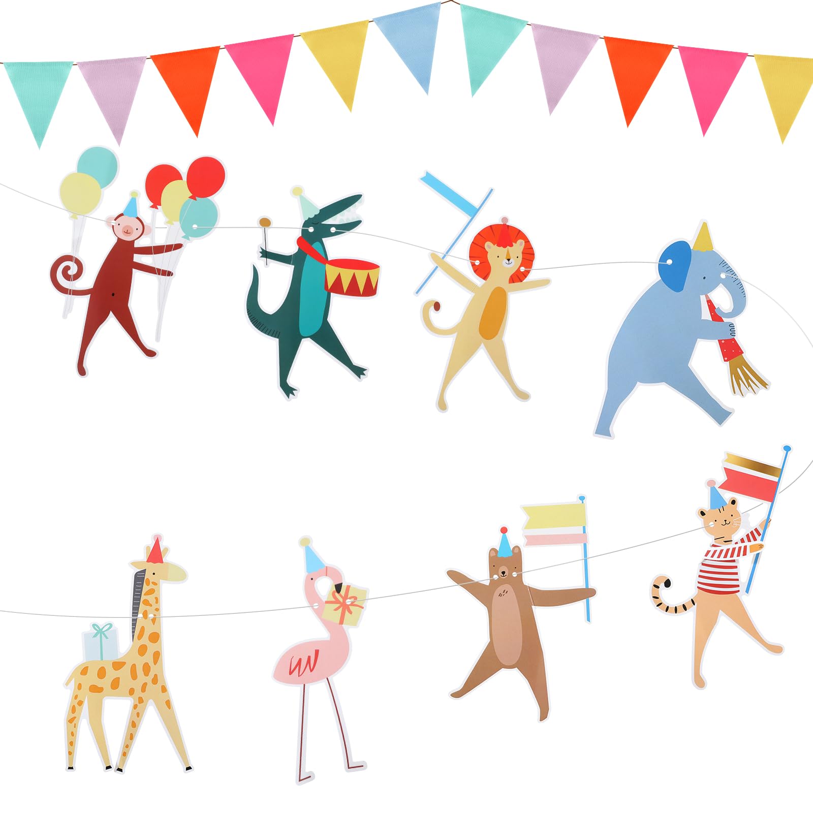 Photo 1 of Fullhawl Animal Parade Party Banner with 12 Pcs Colorful Pennant Banner Flag, 10' Strand Including Excess Cord Animal Birthday Party Hanging Garland Decorations Baby Showers Supplies