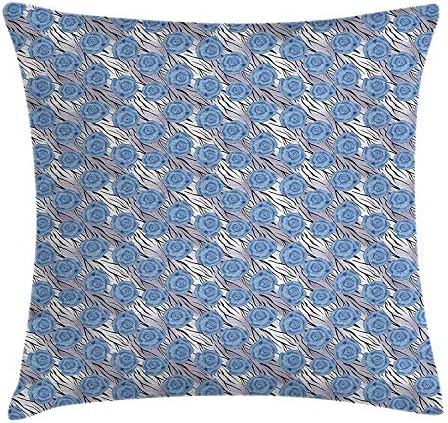 YUNnndhf Animal Print Throw Pillow Cushion Cover, Romantic Roses on Tiger Skin Leather Geometrical Wavy Lines Background, Decorative Square Accent Pillow Case, Blue Silver Black 16x24