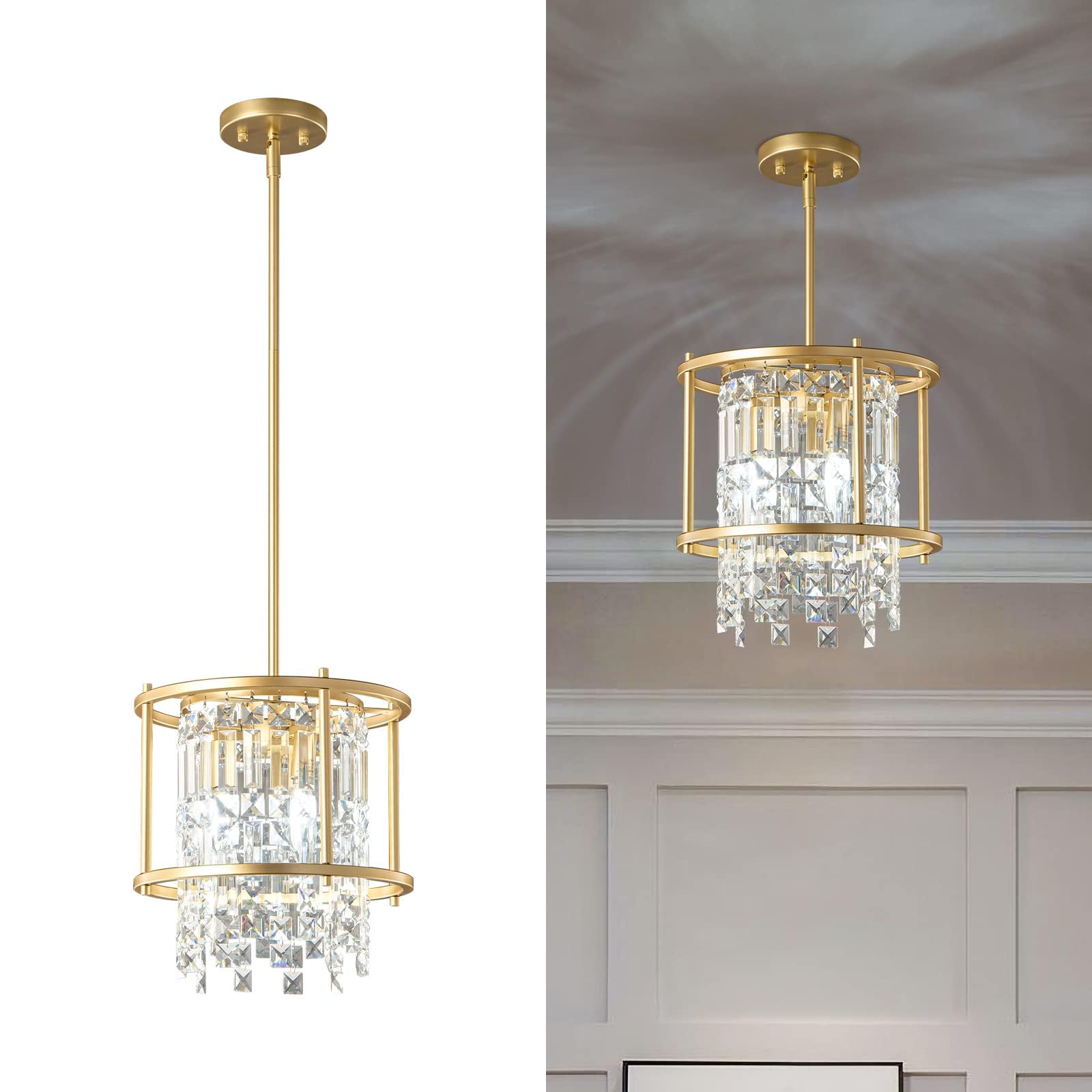 Photo 1 of LMQNINE Modern Foyer Chandelier, Gold Crystal Chandelier Entryway Pendant Light Fixture, Round Adjustable Height Chandeliers for Kitchen Island, L11.81'' x H7.87''