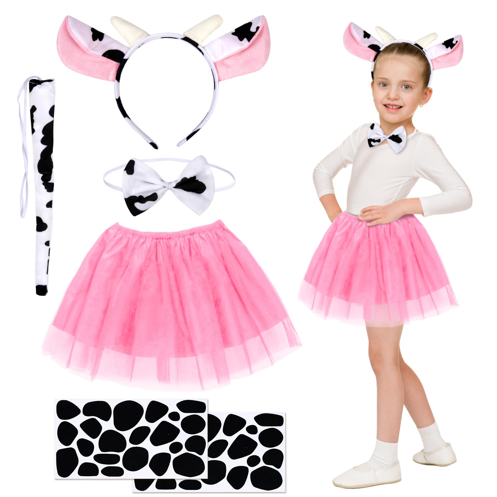 HONMOK 5 Piece Girls Cow Halloween Costume With Pink Tutu Skirt, Ears Headband, Bowtie, Tail, Stickers - Fancy Dress for 3-10y Kids Halloween Nativity Pretend Play Party