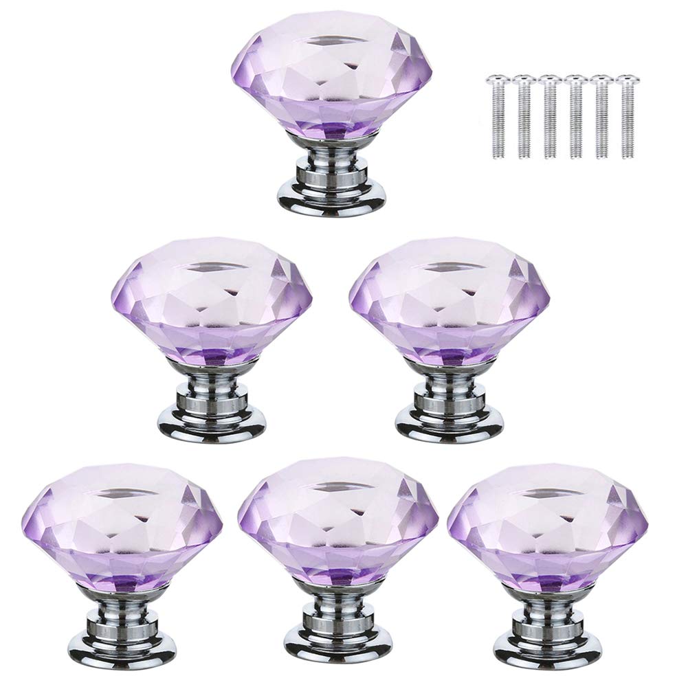 BOZONLI 6pcs 30mm Purple Crystal Glass Drawer Knobs Cabinet Handle Drawer Pull Handle with Screw