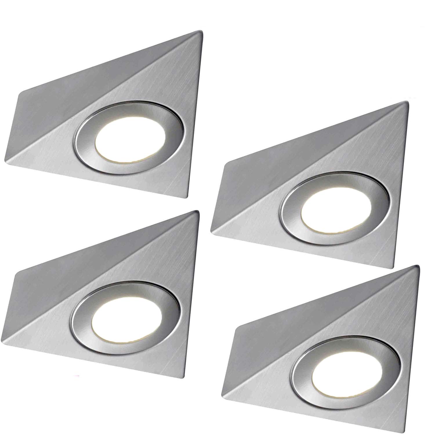 4 Pack | Bright 2.6W LED Under Cabinet Pyramid Spot Lights & Driver Kit | Stainless Steel & Natural White | Kitchen Worktop Countertop Cupboard Unit Down Light | Modern Triangle Lighting Fitting